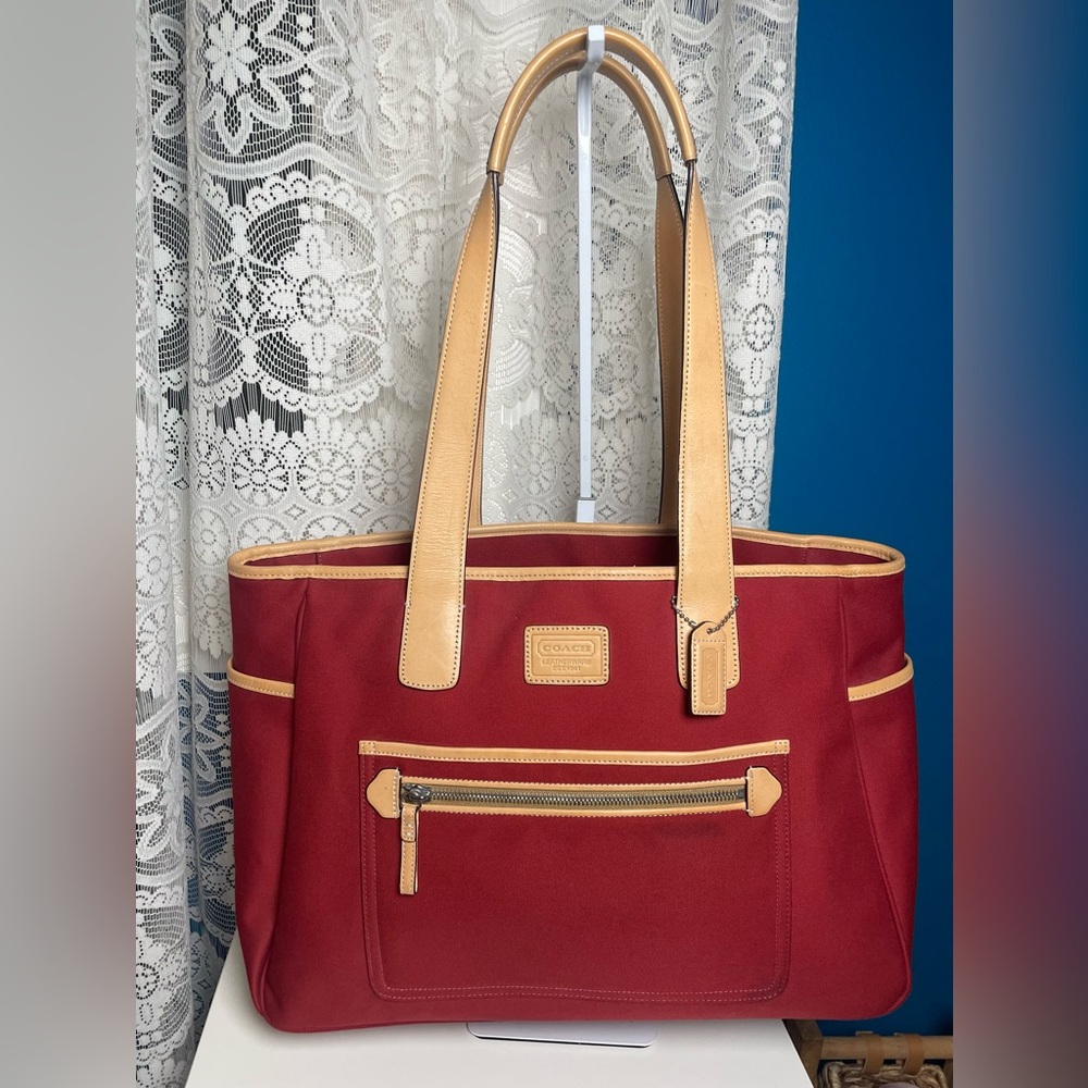 Coach Hamptons Red Canvas Vacchetta Tan Leather Trim/ Tote or Baby Tote